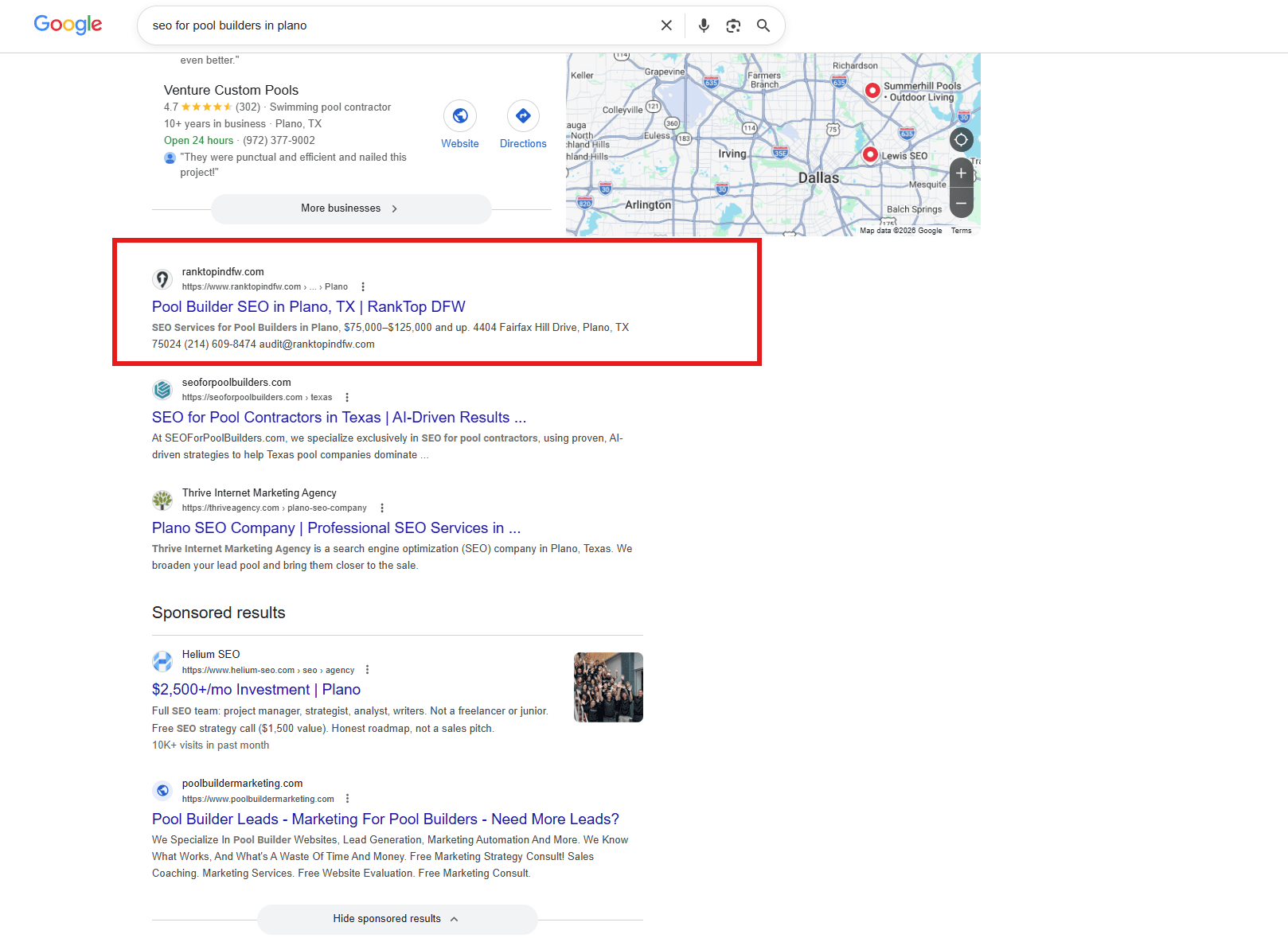 RankTop DFW ranking #1 organic for 'seo for pool builders in plano' on Google