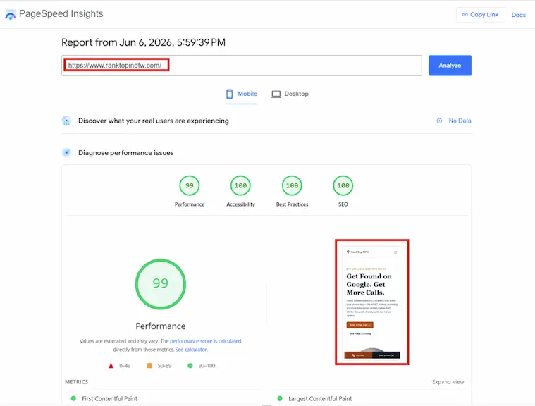 Google PageSpeed Insights mobile score of 99 for ranktopindfw.com