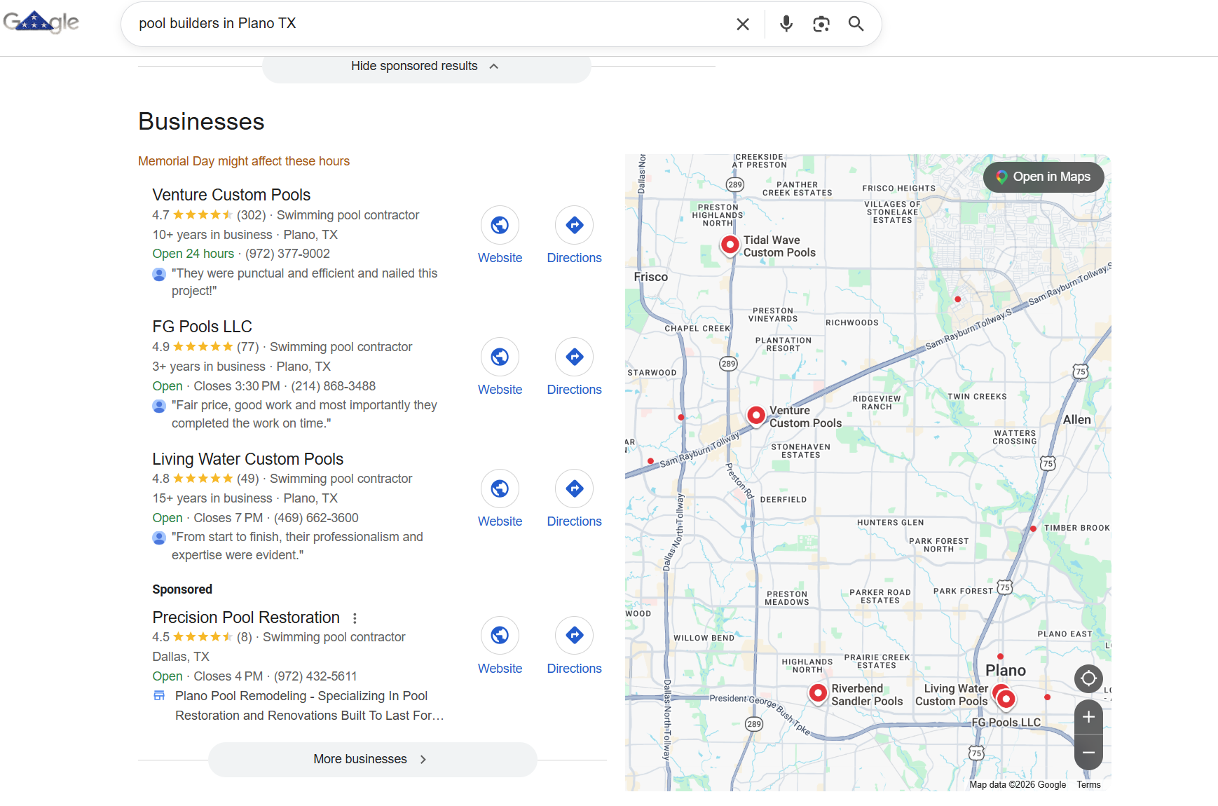 Google map pack results for "pool builders in Plano TX"